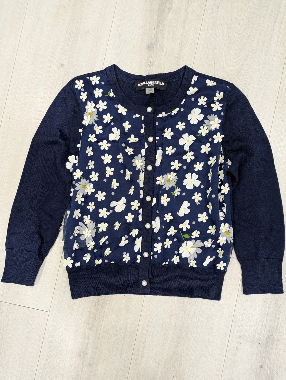 Karl Lagerfeld 3D Daisy Applique Flowers Crop Sheer Sweater Cardigan Navy Blue